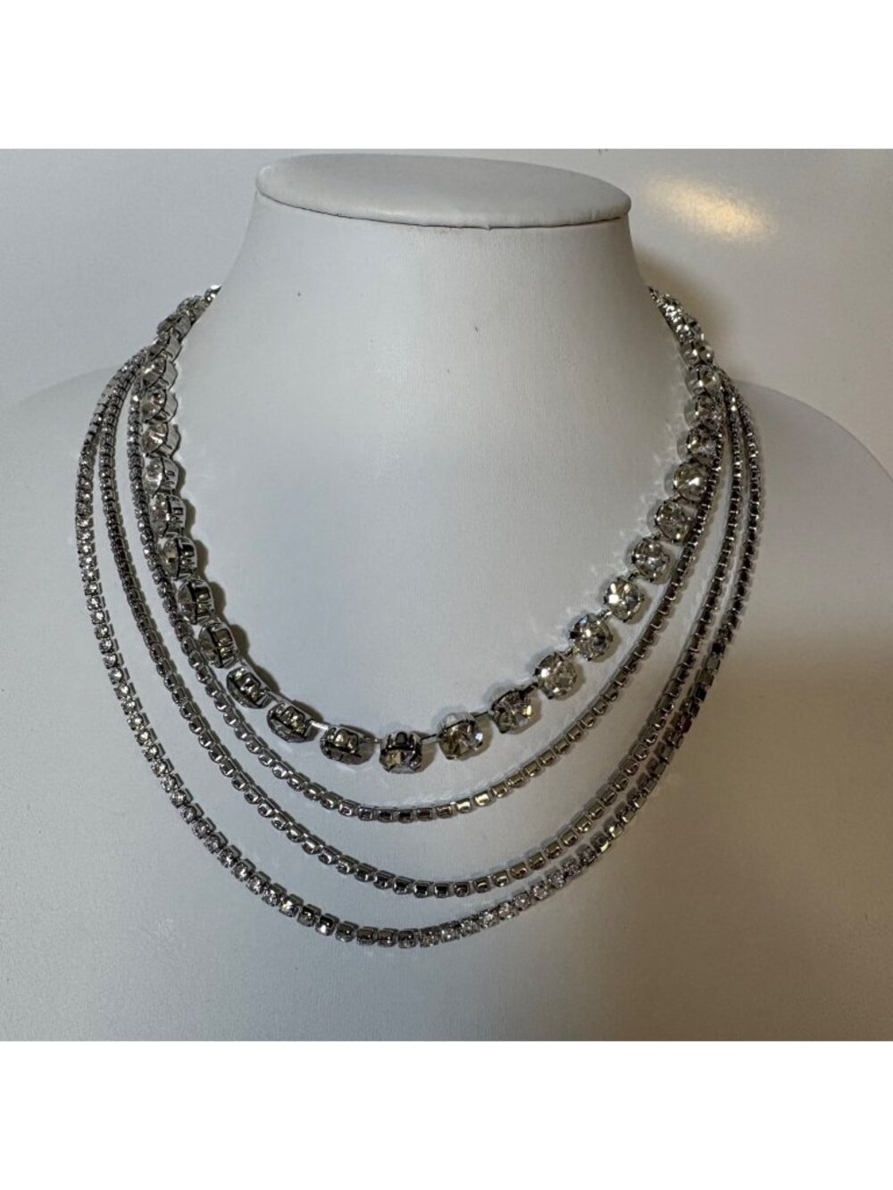 Multi-Strand Rhinestone Layered Silver Tone Necklace Adjustable 16-19 Inches